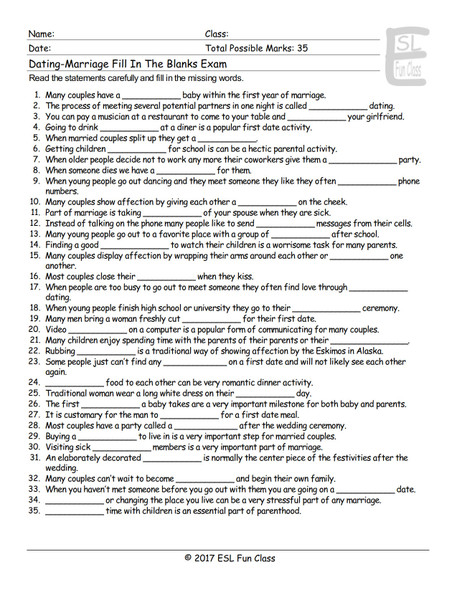 Dating-Marriage-Milestones Fill In The Blanks Exam
