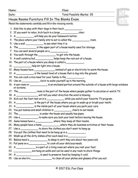 House Rooms-Furniture Fill In The Blanks Exam