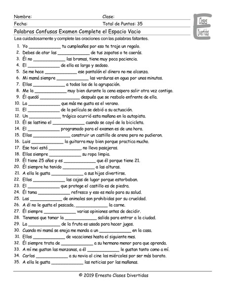 Confusing Words Spanish Fill In The Blanks Exam