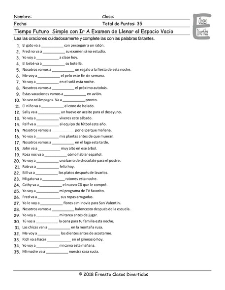 Future Simple Tense with Ir A Spanish Fill In The Blanks Exam