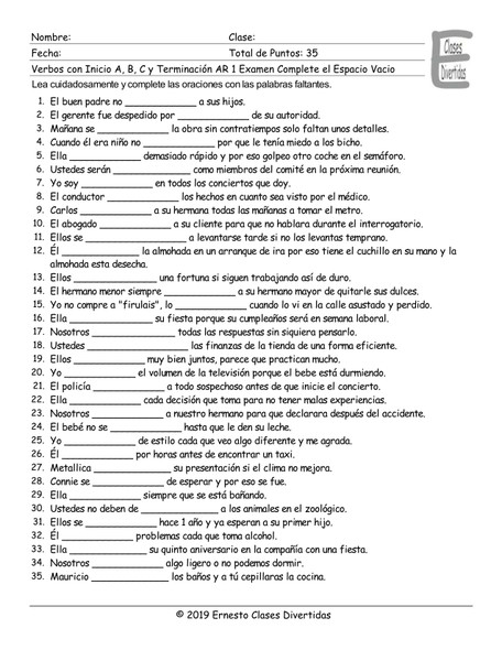 Verbs Start A, B, C End AR 1 Spanish Fill In The Blanks Exam