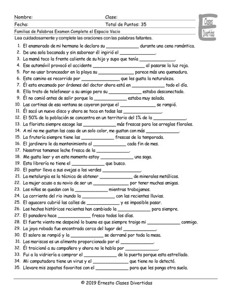 Word Families Spanish Fill In The Blanks Exam