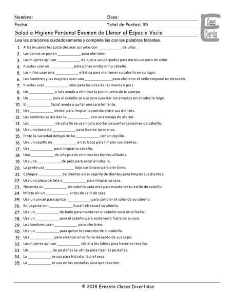 Health and Personal Hygiene Spanish Fill In The Blanks Exam