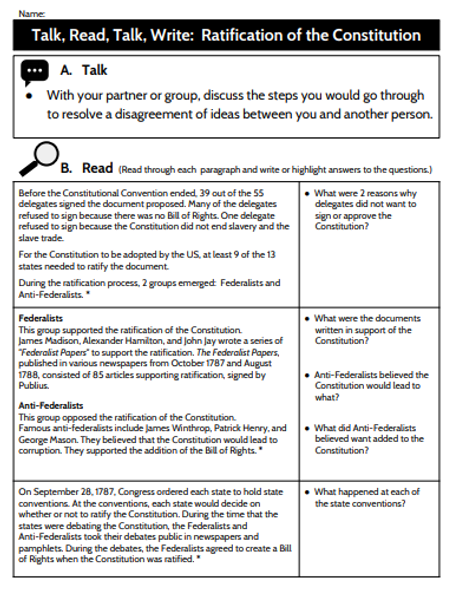 Talk, Read, Talk, Write Lesson: The Ratification of the Constitution