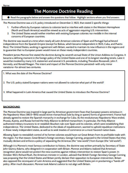 Monroe Doctrine Reading