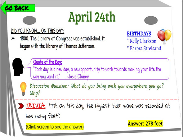 Daily Warm-Up, Closers for Class: Facts- Did You Know?-- April