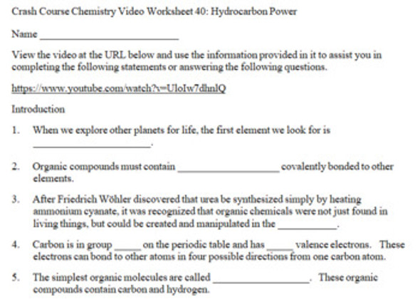 Crash Course Chemistry Video Worksheet 40: Hydrocarbon Power (Distance Learning)