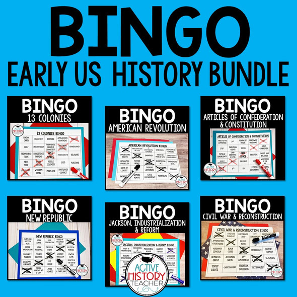 US History Review Game BINGO Bundle 13 Colonies to Reconstruction STAAR Review