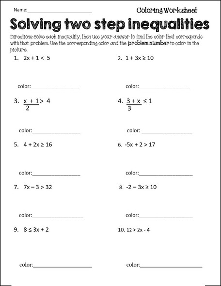 Two Step Inequalities Coloring Worksheet