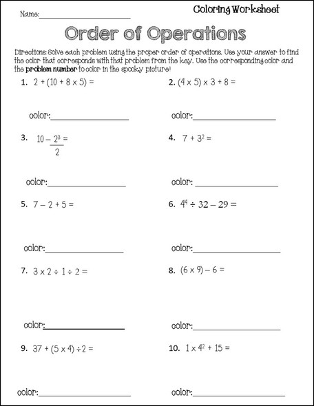 Halloween Order of Operations Coloring Activity