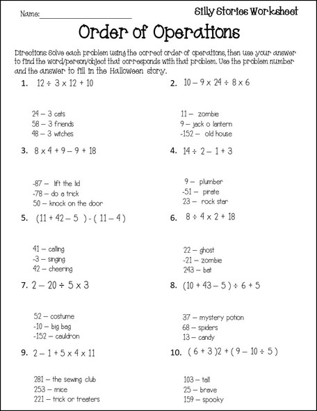 Halloween Order of Operations Silly Sentences Activity