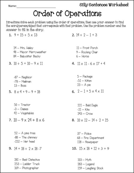 Order of Operations Silly Sentences Activity