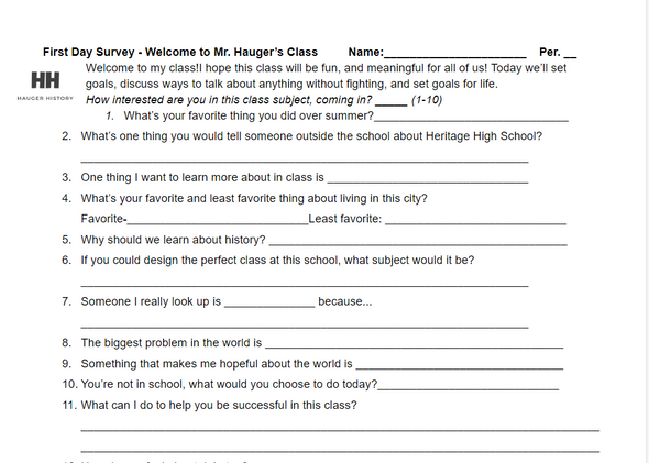 First Day of School Survey of Student Interests and Goal Setting for Distance Learning