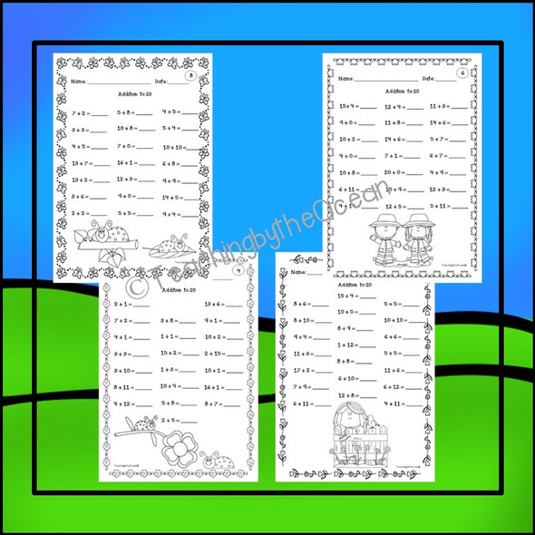 Spring Addition to 20 Fact Fluency Worksheets