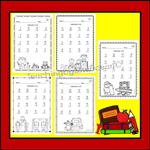 Back to School Subtraction to 20 Fact Fluency Worksheets