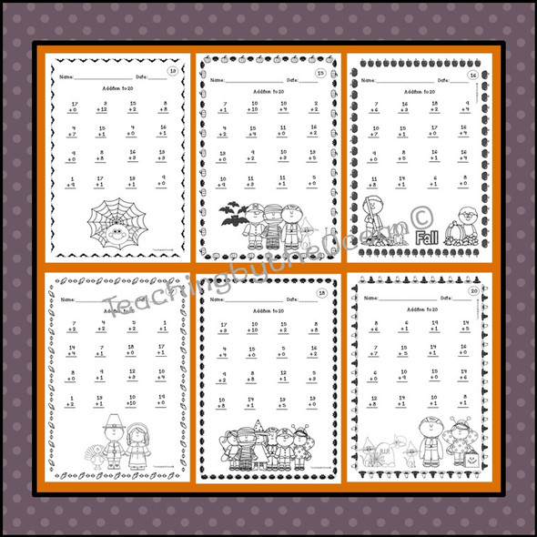 Fall Subtraction to 20 Fact Fluency Worksheets