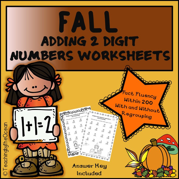 Adding 2 Digit Numbers Worksheets - Fall Themed