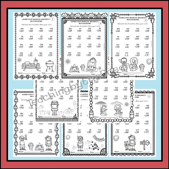 Adding 3 Digit Numbers Worksheets - Summer Themed