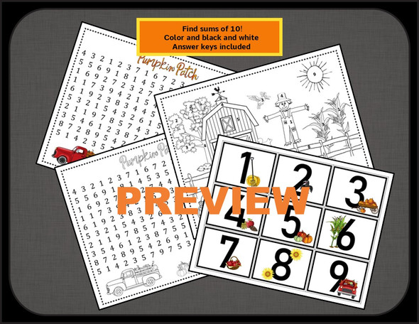 Addition Fall Math Game and Activity - Find Sums of 10 - 1st and 2nd Grade