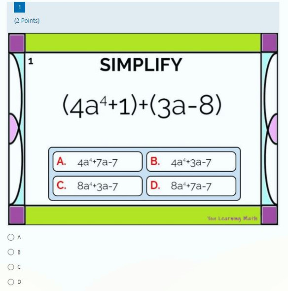 Adding and Subtracting Polynomials: Microsoft OneDrive Forms Quiz - 30 Problems