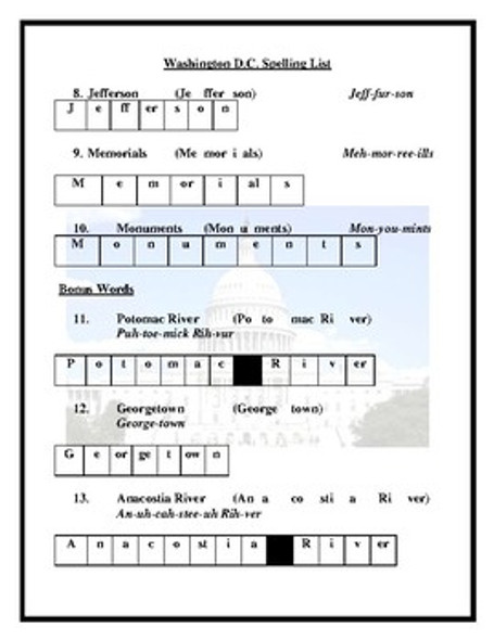 Washington D.C. Spelling List