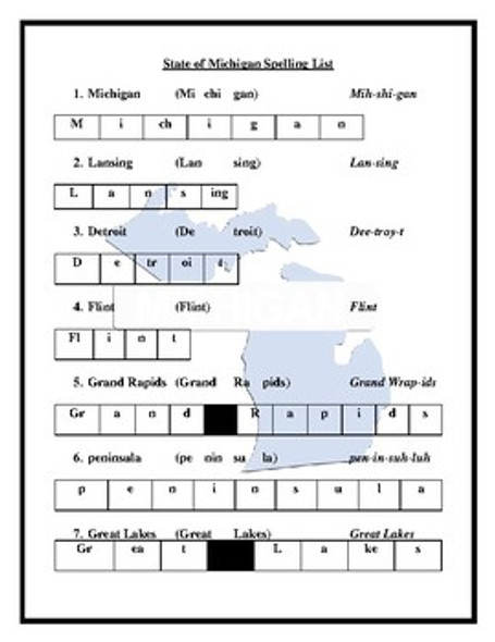 State of Michigan Spelling List