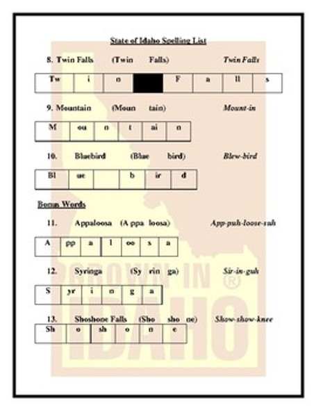 State of Idaho Spelling List