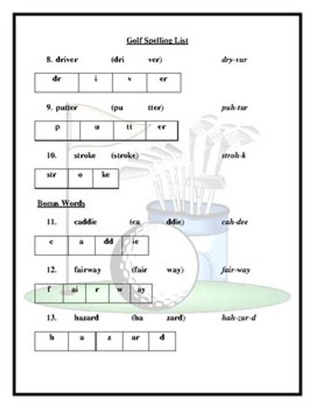Golf Spelling List