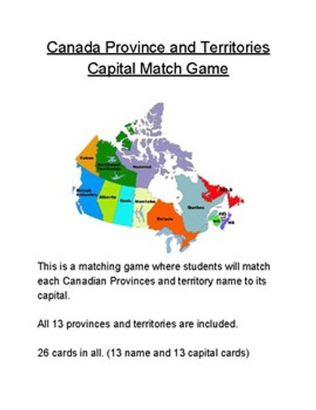 Canada Province and Territories Capital Match Game