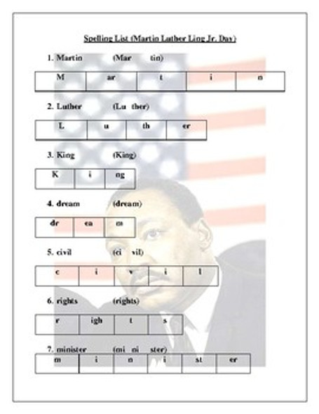 Martin Luther King Jr. Day Spelling List