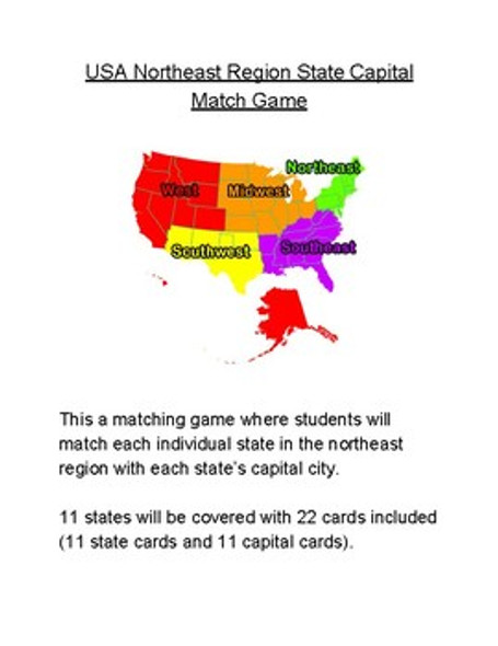 USA Northeast Region State Capital Match Game