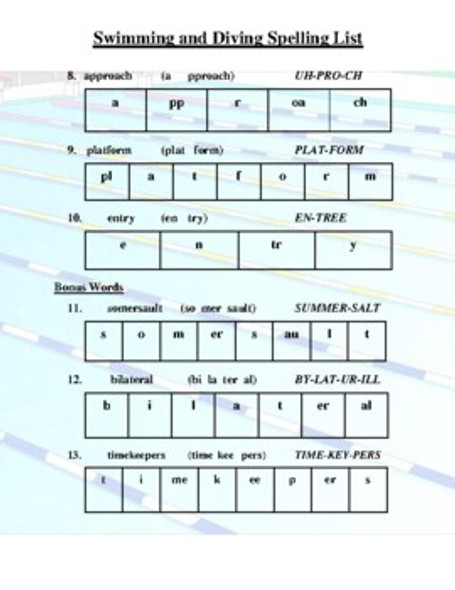 Swimming and Diving Spelling List