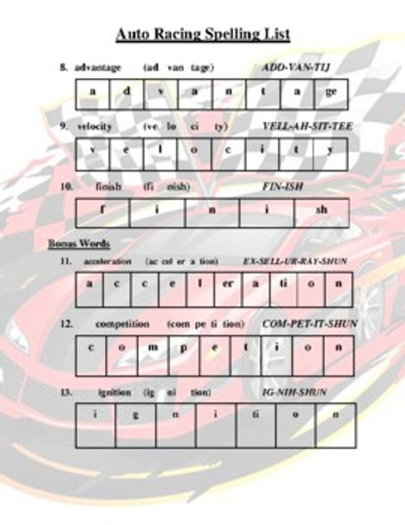 Auto Racing Spelling List