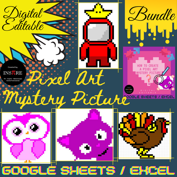 How to create a Pixel Art Mystery + Spaceman, Owl, Kitty, Turkey EDITABLE Math