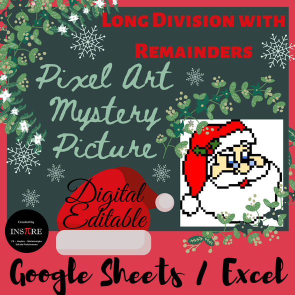 Santa Christmas Long Division with Remainders Pixel Art Mystery Picture EDITABLE