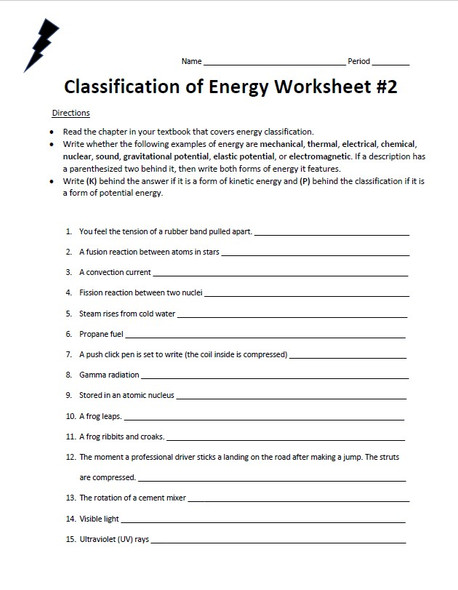 Regular and Modified Classification of Energy Worksheet Set #2