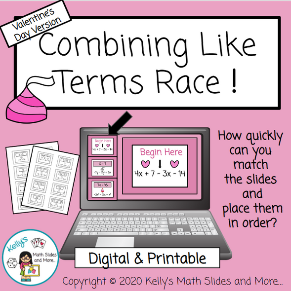 Valentine's Day Version - Combining Like Terms Race - Digital and Printable