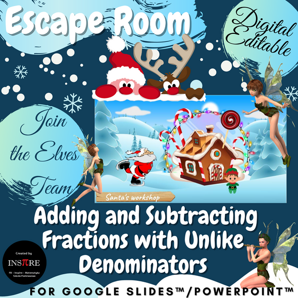 DIGITAL Math Christmas Escape Room - Adding and Subtracting Fractions EDITABLE