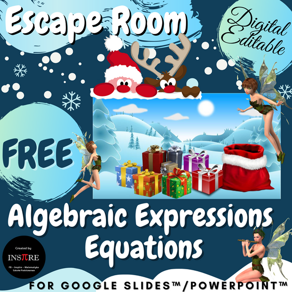 Christmas DIGITAL Escape Room - Algebraic Expressions, Equations EDITABLE Free