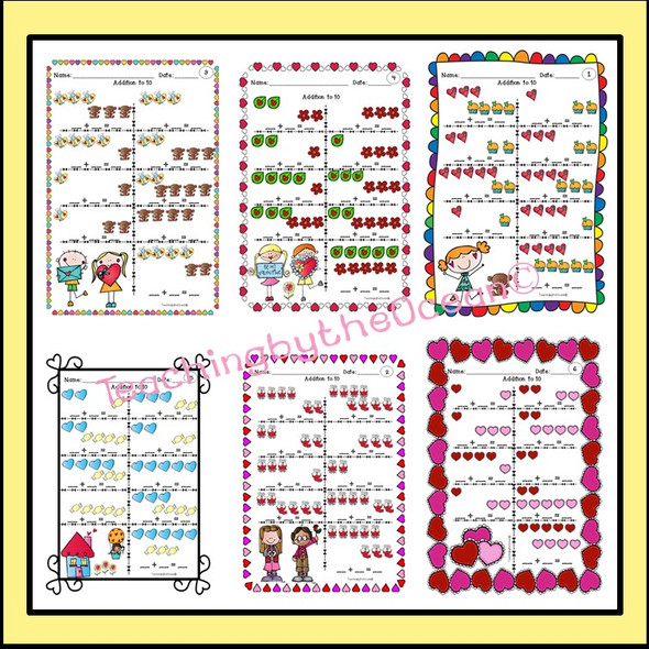 Addition and Subtraction to 10 Task Cards and NO PREP Worksheets -Valentine's