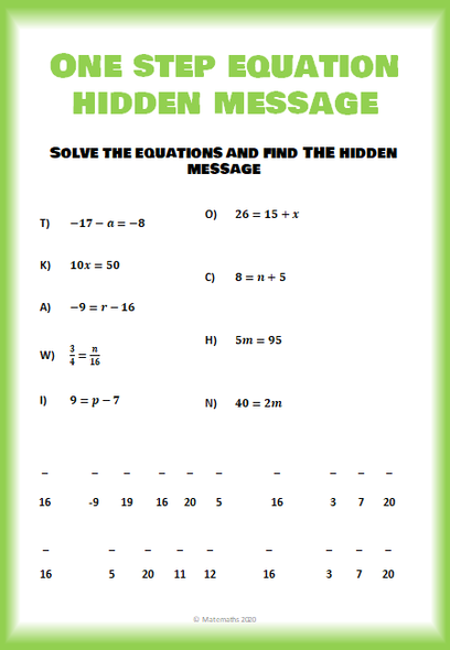 Math One Step Equations Activity Worksheet