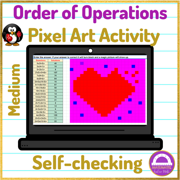 Valentine's Day Order of Operations Medium Pixel Art Activity Google Sheets