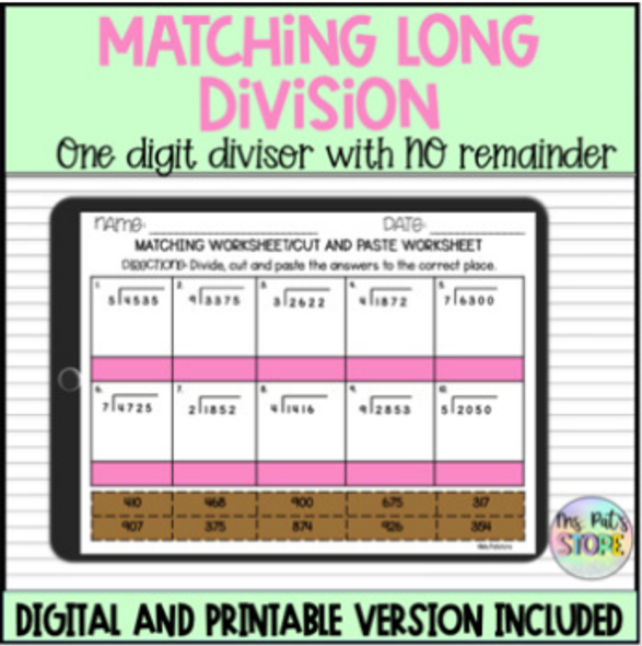 Long Division-One digit with no remainder matching division