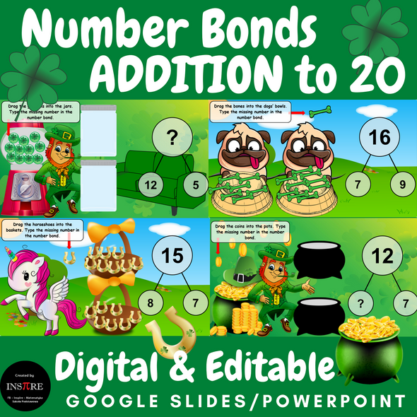 DIGITAL Number Bonds ADDITION to 20 St. Patrick's Day EDITABLE in Google Slides