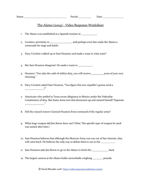 The Alamo (2004 Movie) - Video Response Worksheet & Key (Editable)