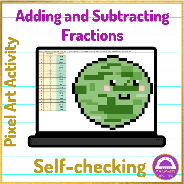 Earth Day Adding and Subtracting Fractions Pixel Art Activity Google Sheets