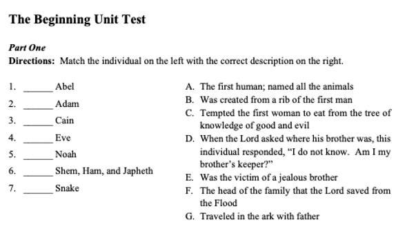 The Beginning Unit Test and Key: Studying the Stories of the Bible