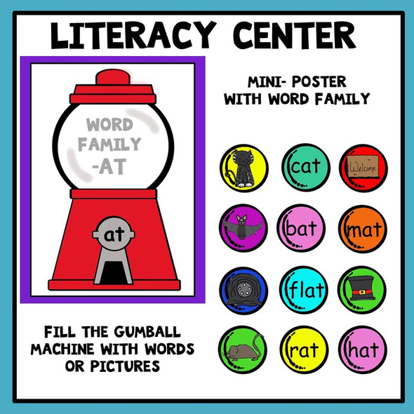 Word Families Literacy Center Gumball Theme