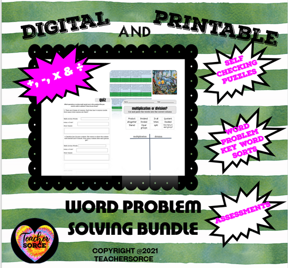 Math Word Problems Solving Bundle Addition, Subtraction, Multiplication and Division