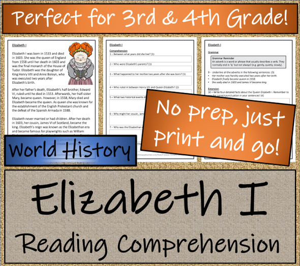 Queen Elizabeth I Close Reading Activity | 3rd Grade & 4th Grade